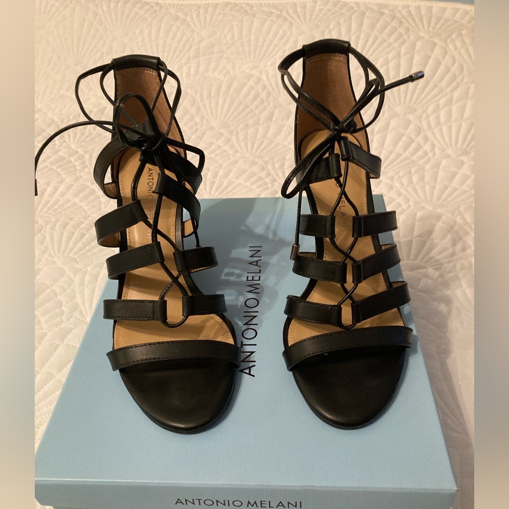 Antonio Melani black leather wedge sandals 8M worn once, like new condition.